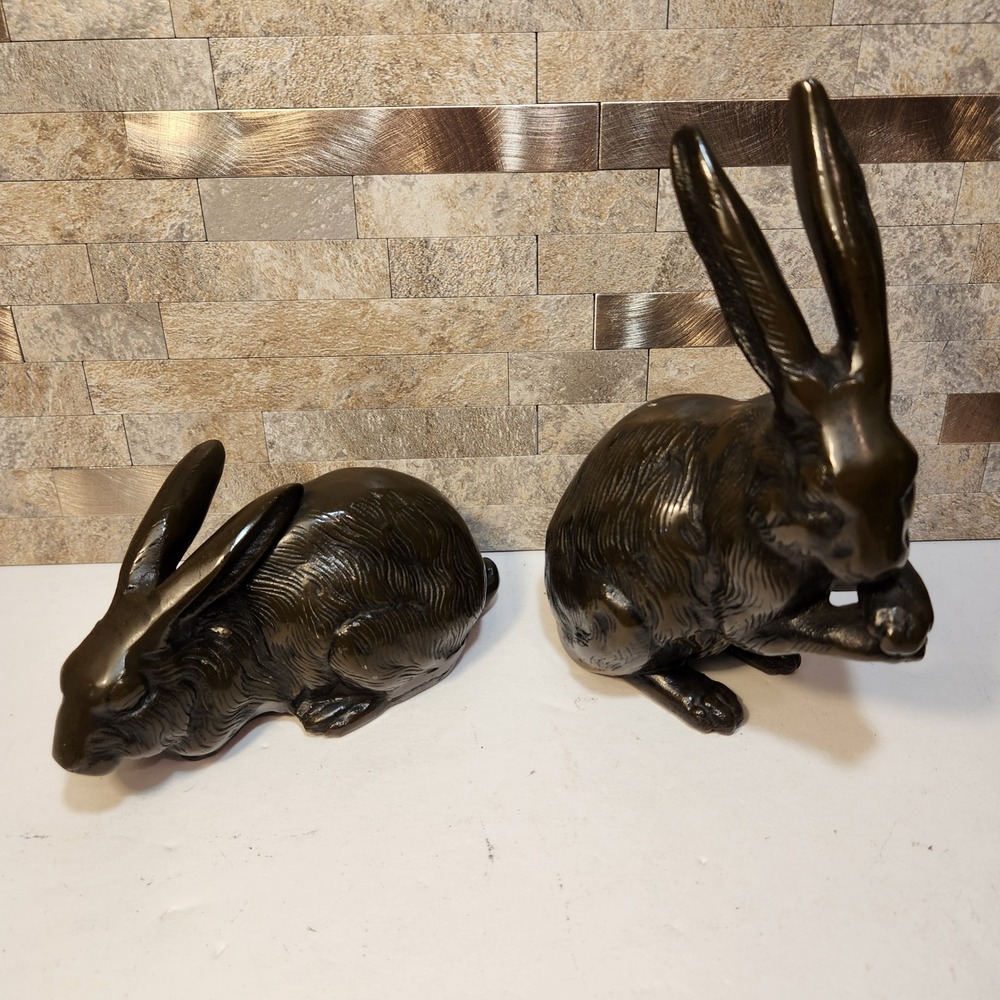 Vintage OMC Japan Bronze Metal Rabbit Figurine Set Mid Century Hare Decor 2pc